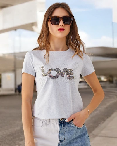 Royalfashion Women's Cotton T-shirt LOVE with rhinestones