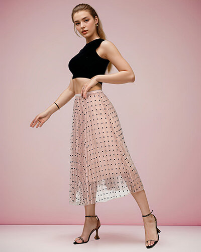 Royalfashion Women's double-layered polka dot midi skirt