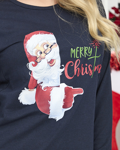 Navy blue women's 2-piece pajamas with Christmas print- Clothing