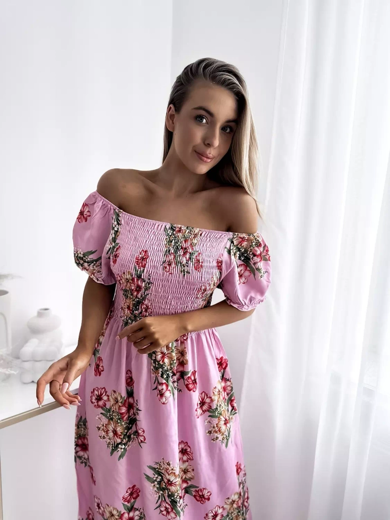 Women's pink midi dress with floral pattern - Clothing