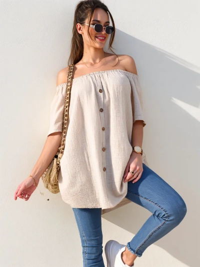 Женская хлопковая блузка в испанском стиле с декоративными пуговицами