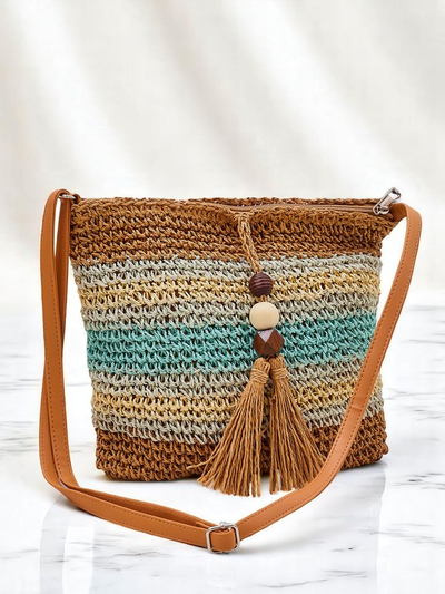 Royal Fashion Small Striped Straw Women's Bag with Charm