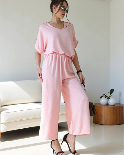 Royalfashion Naistele mõeldud lõdva komplektiga lühikeste varrukatega pluus ja laiad püksid