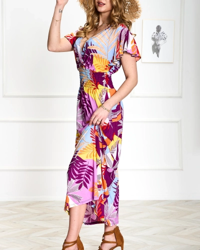 Purple women's long dress with floral print - Clothing