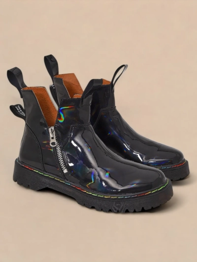 Black lacquered women's boots with a Odeta zipper - Footwear