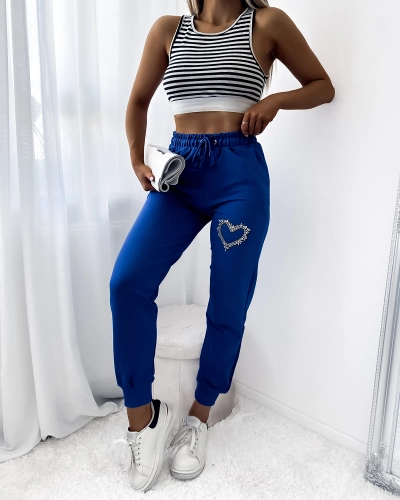 Women's blue sweatpants with zirconia embellishment- Clothing