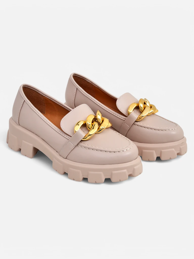 Women's beige Callista loafers with a chain, flat heel, eco-leather