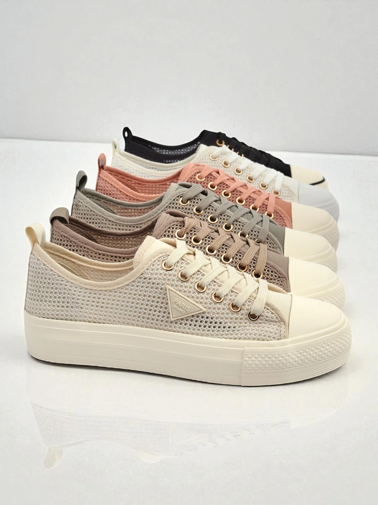 Women's Beige Callista Mesh Sneakers - Flat Heel, Summer Autumn Collection