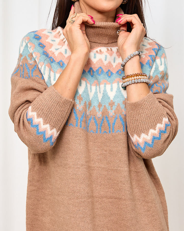 Royalfashion Brown women's sweater dress with turtleneck and print