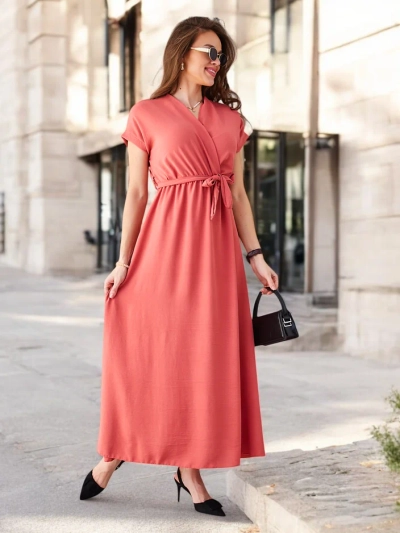 Royalfashion Women's midi dress with a wrap neckline, short sleeves, and a belt