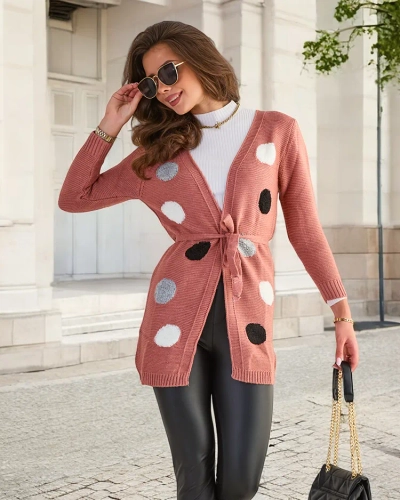Dark pink women's tied cardigan with colored circles - Clothing