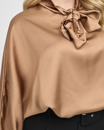 Women's brown long satin blouse with binding - Clothing