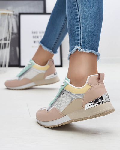 Women's beige and pink lace-up sports shoes Mnerio- Footwear