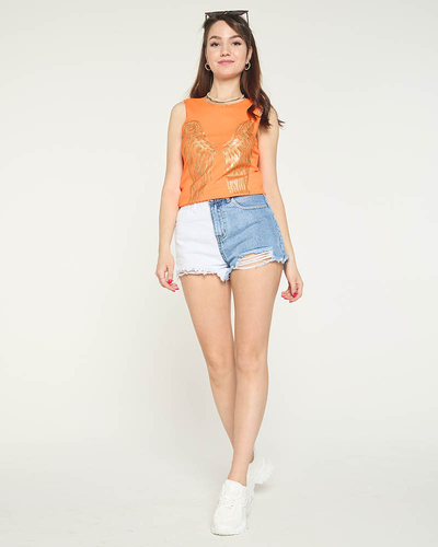 Orange ladies top with golden wings print - Clothing