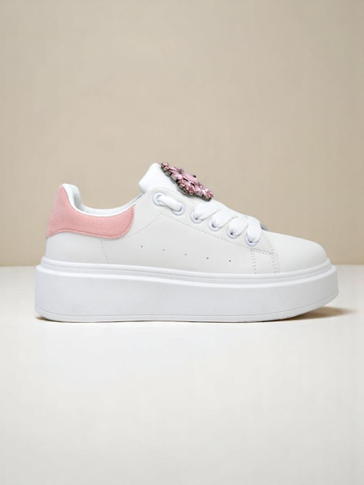 Hypatia Bianco women's eco-leather sneakers with decoration and pink accent