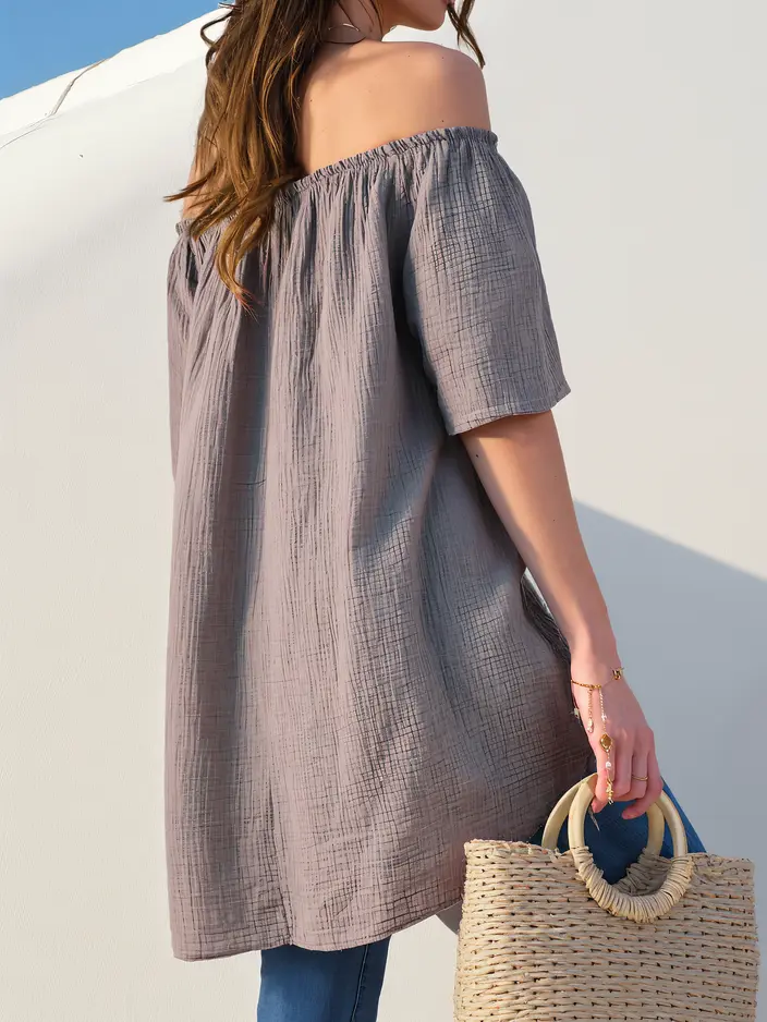 Женская блуза из хлопка Royalfashion в стиле с открытыми плечами с декоративными пуговицами