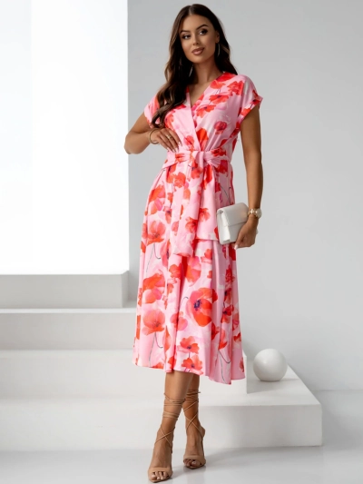 Royalfashion Women's midi dress with short sleeves, wrap neckline in spring flowers