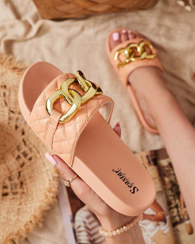 Royalfashion Coral women's quilted flip-flops with gold chain Eteris