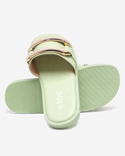 Green women's slippers with a large golden ornament Kedino - Footwear