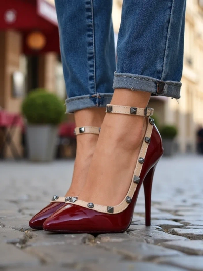 Royalfashion Patent leather women's stiletto heels with studs Qoscalle