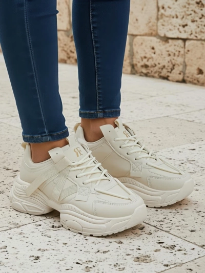 Beige Platina Roma women's sneakers on a flat heel, eco leather, 5 cm