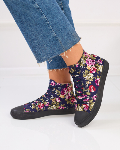 Royalfashion Women's high navy blue sneakers with colorful flowers Soxic