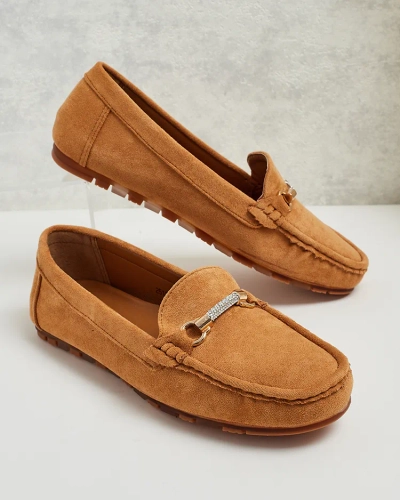 Camel Aurelia Women's Suede Moccasins with Decoration - Comfort and Style on a Flat Heel