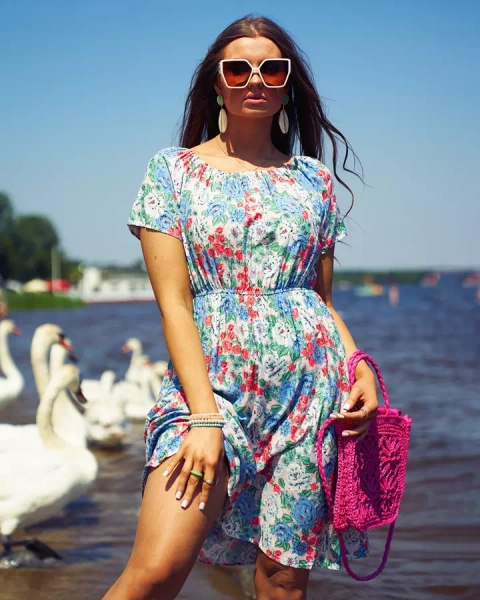 Royalfashion Naiste lilleline minikleit a'la hiszpanka sinises värvitoonis