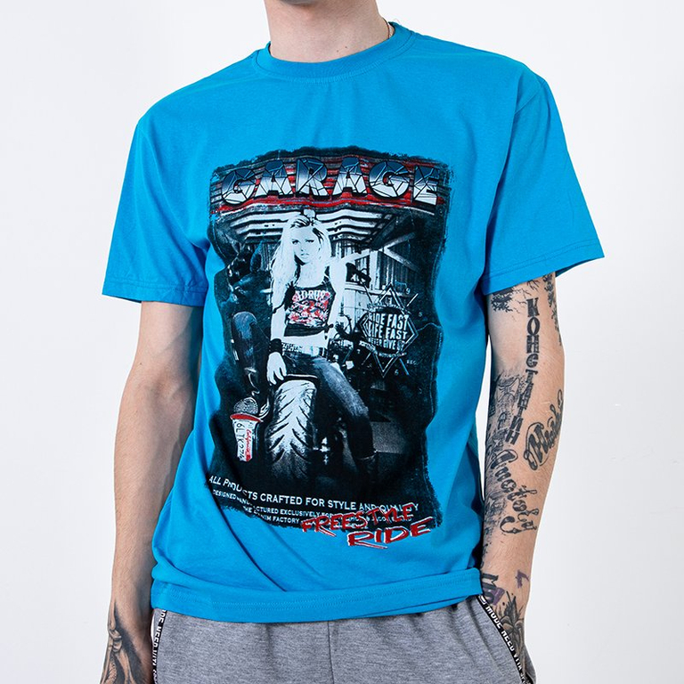 Helesinine puuvillane meeste T-särk trüki ja pealdisega - Riietus