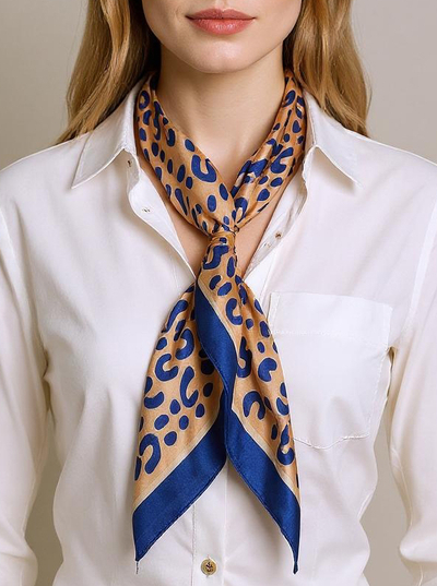 Apollonia women's silk scarf beige and navy blue, trendy prints 69x66 cm