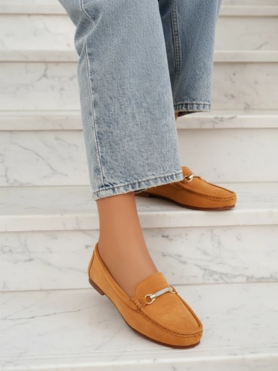 Camel Aurelia Women's Suede Moccasins with Decoration - Comfort and Style on a Flat Heel