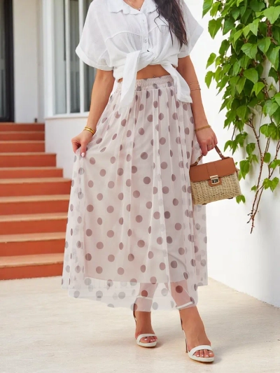 Royalfashion Naiste keskmise pikkusega viskoosist seelik tüllist täppidega