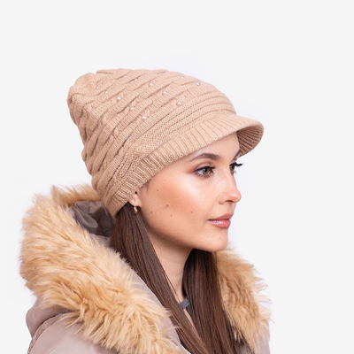 Ladies 'beige warm beanie with pearls - Accessories