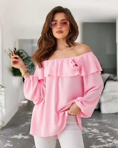Royalfashion Women's off-the-shoulder blouse with ruffles and flower
