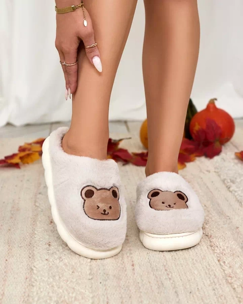 Royalfashion Light gray women's fur slippers with teddy bear Hettres