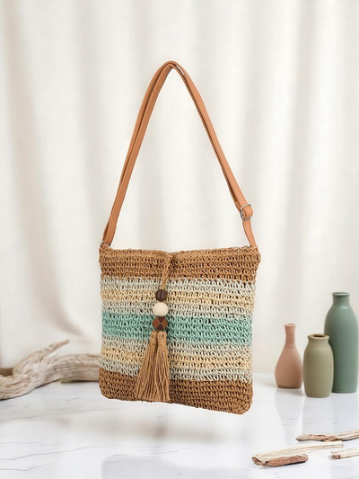 Royal Fashion Small Striped Straw Women's Bag with Charm