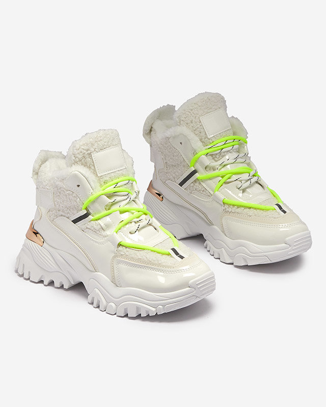 Valged naiste spordijalatsid karusnaha ja neoonroheliste pitsidega Sagglo- Footwear