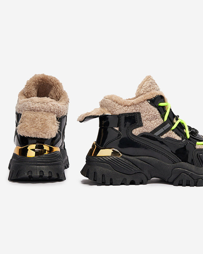 Black women's sports shoes with fur and neon yellow laces Adbo- Footwear