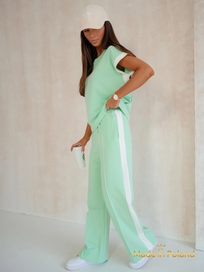 Women's Ariadne Mint Set made of elastic cotton - mint, short sleeves, long trousers