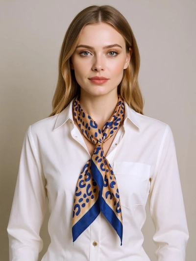 Apollonia women's silk scarf beige and navy blue, trendy prints 69x66 cm