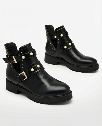 Royalfashion Mustad naiste kaunistatud lamedate kontsadega saapad Pearl Elegance