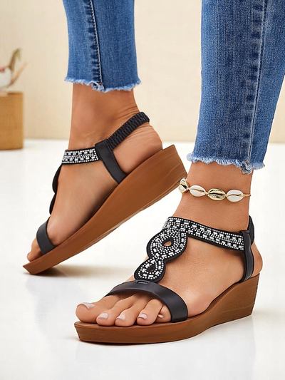 Perseida Royalfashion black eco-leather wedge sandals with crystals 4.5cm