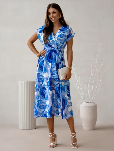 Женское миди-платье Royalfashion с короткими рукавами и завязкой на шее в розах