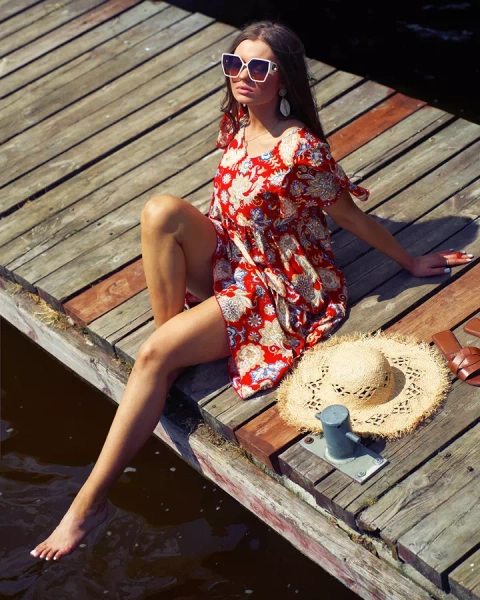 Royalfashion Red women's dress with colorful floral pattern