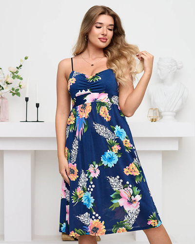 Knee-length floral navy blue dress - Clothing