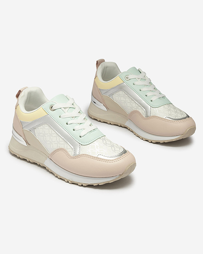 Women's beige and pink lace-up sports shoes Mnerio- Footwear