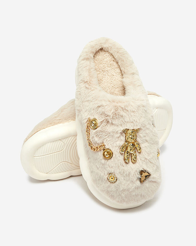 Royalfashion Бежевые женские меховые тапочки с орнаментом Erserra