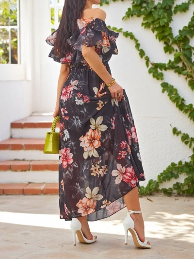 Royalfashion Naiste õlgadelt avatud kleit lühikeste varrukatega mitmesugustes lillemustrites