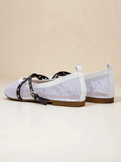 Royalfashion Calista Bianca Ballet Flats – Women's White Mesh Shoes with Black Straps