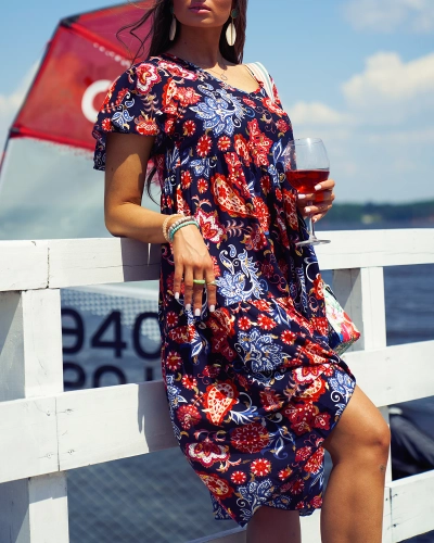 Royalfashion Navy blue women's dress with colorful floral pattern